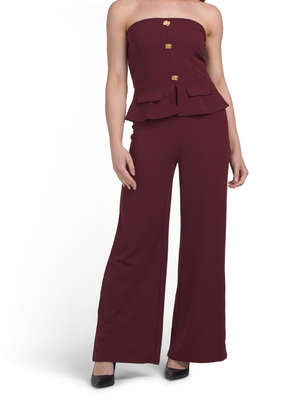 Madden Girl Strapless Peplum Wide-Leg Jumpsuit in Burgundy NWT